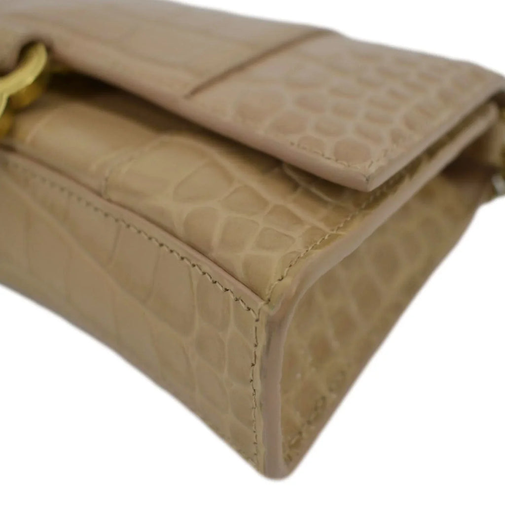 Pre-owned BALENCIAGA Hourglass Crocodile Embossed Leather Chain Shoulder Bag Light Brown