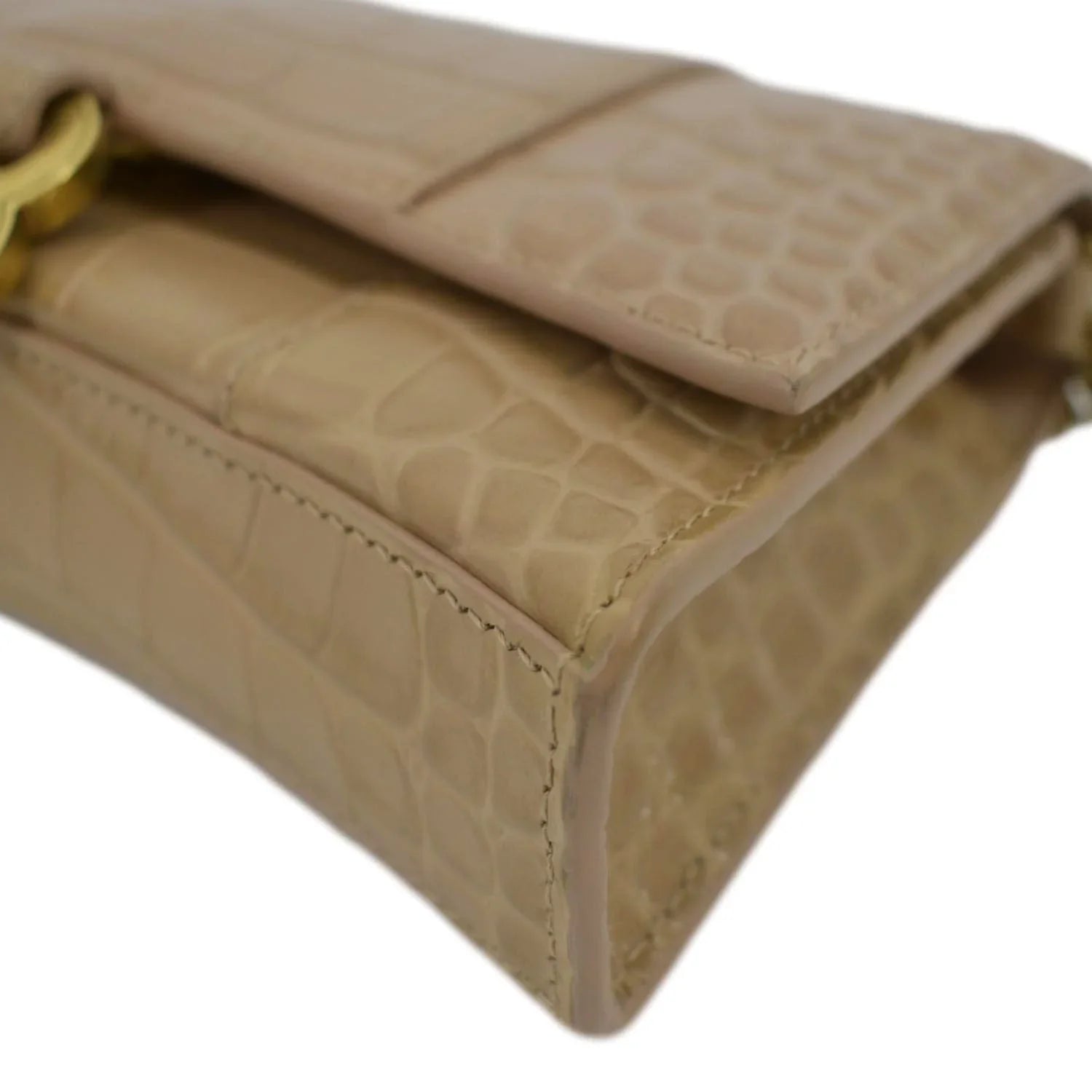 Pre-owned BALENCIAGA Hourglass Crocodile Embossed Leather Chain Shoulder Bag Light Brown