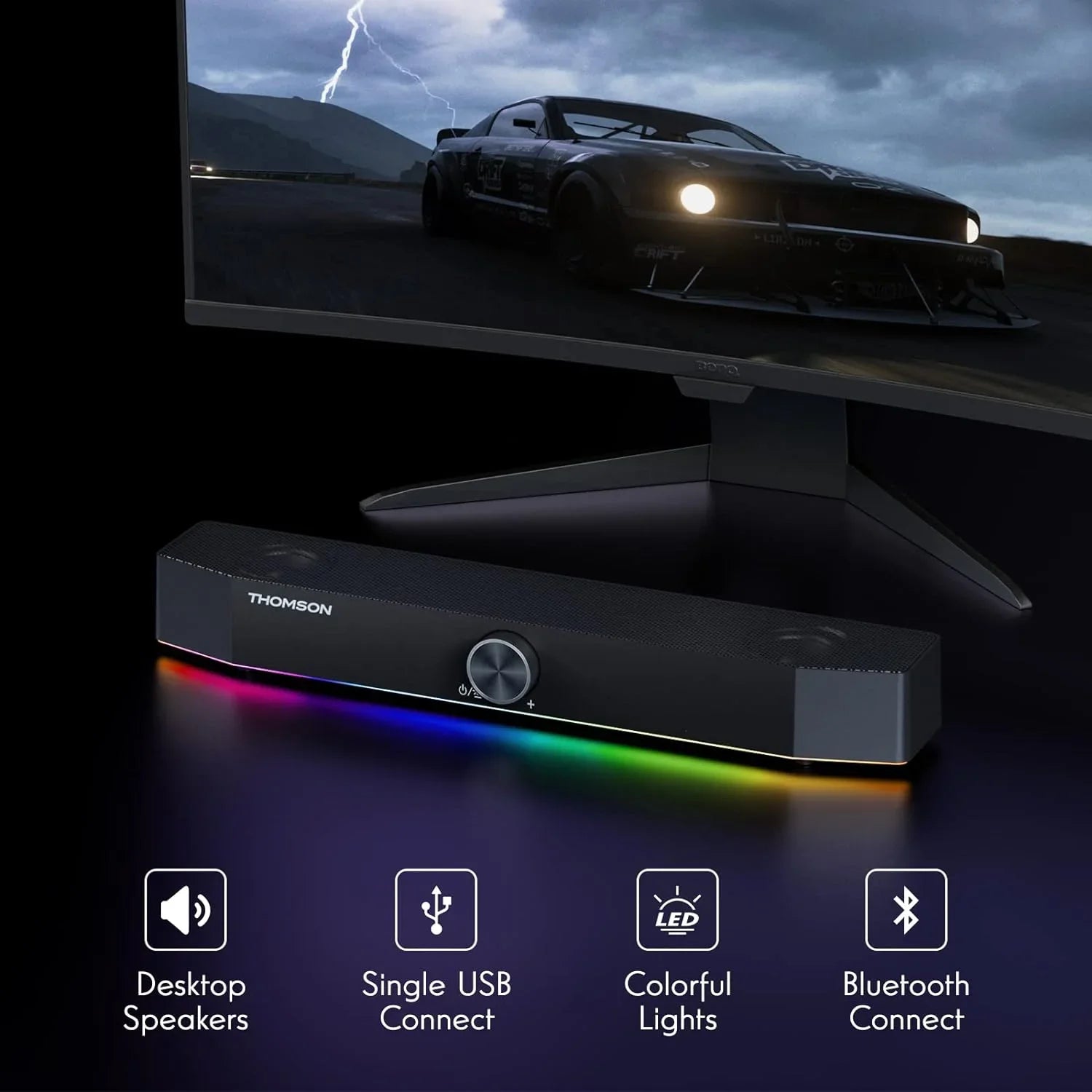 Thomson Computer Speakers, Bluetooth Computer SoundBar, Dyna RGB PC Speakers with 10W Stereo Sound, 3.5mm Aux-in