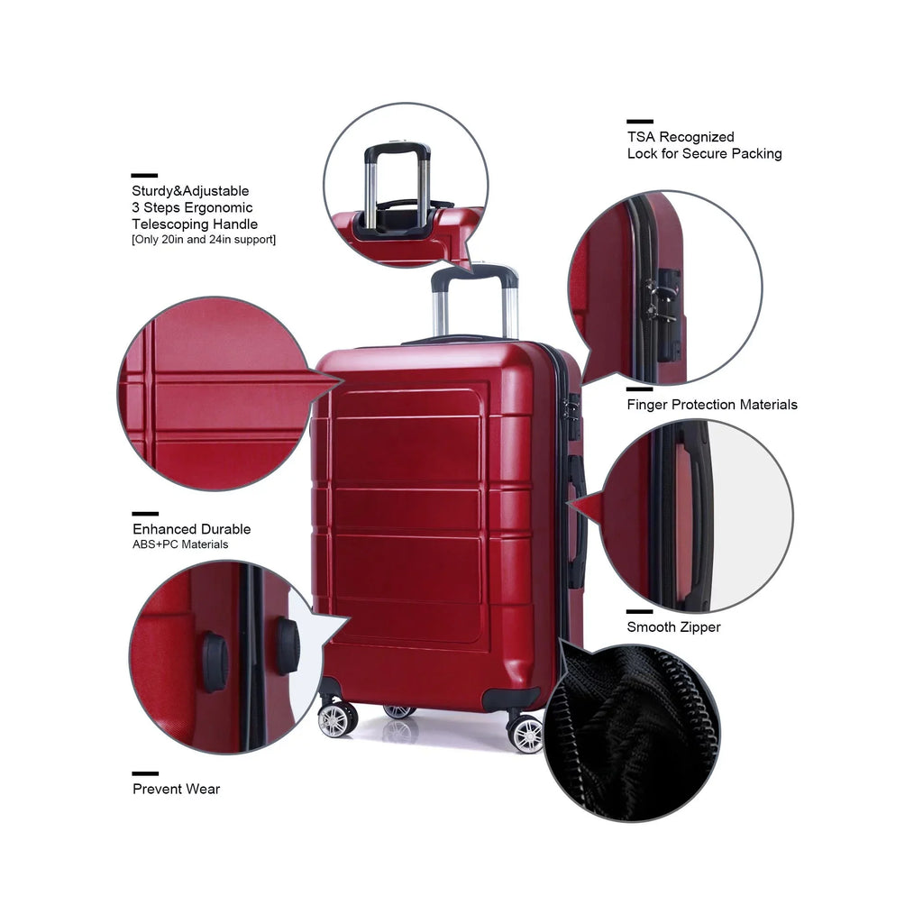Traveling Luggage, 3pcs Hardside Luggage Set, 20"+24"+28" with TSA Lock, Red
