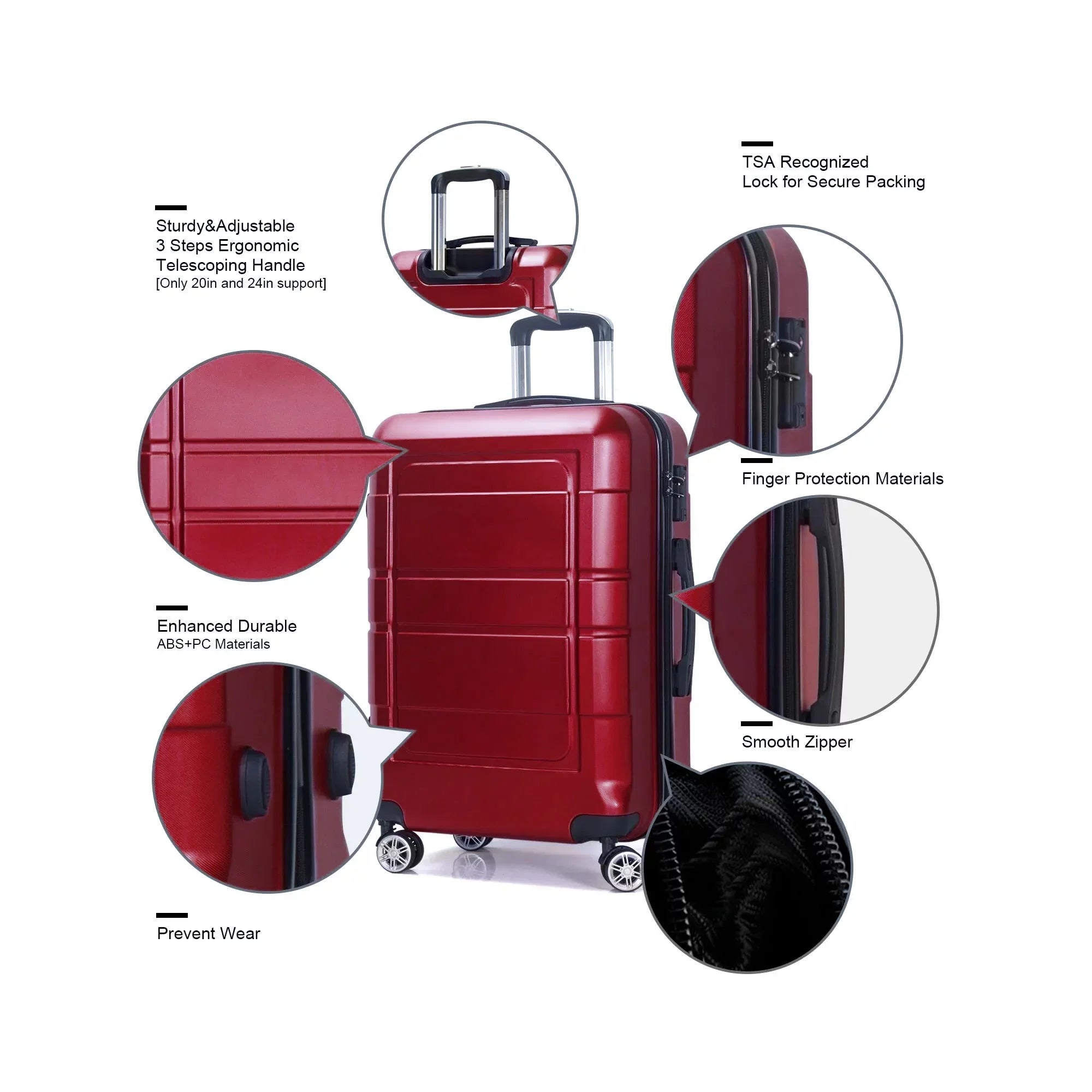 Traveling Luggage, 3pcs Hardside Luggage Set, 20"+24"+28" with TSA Lock, Red