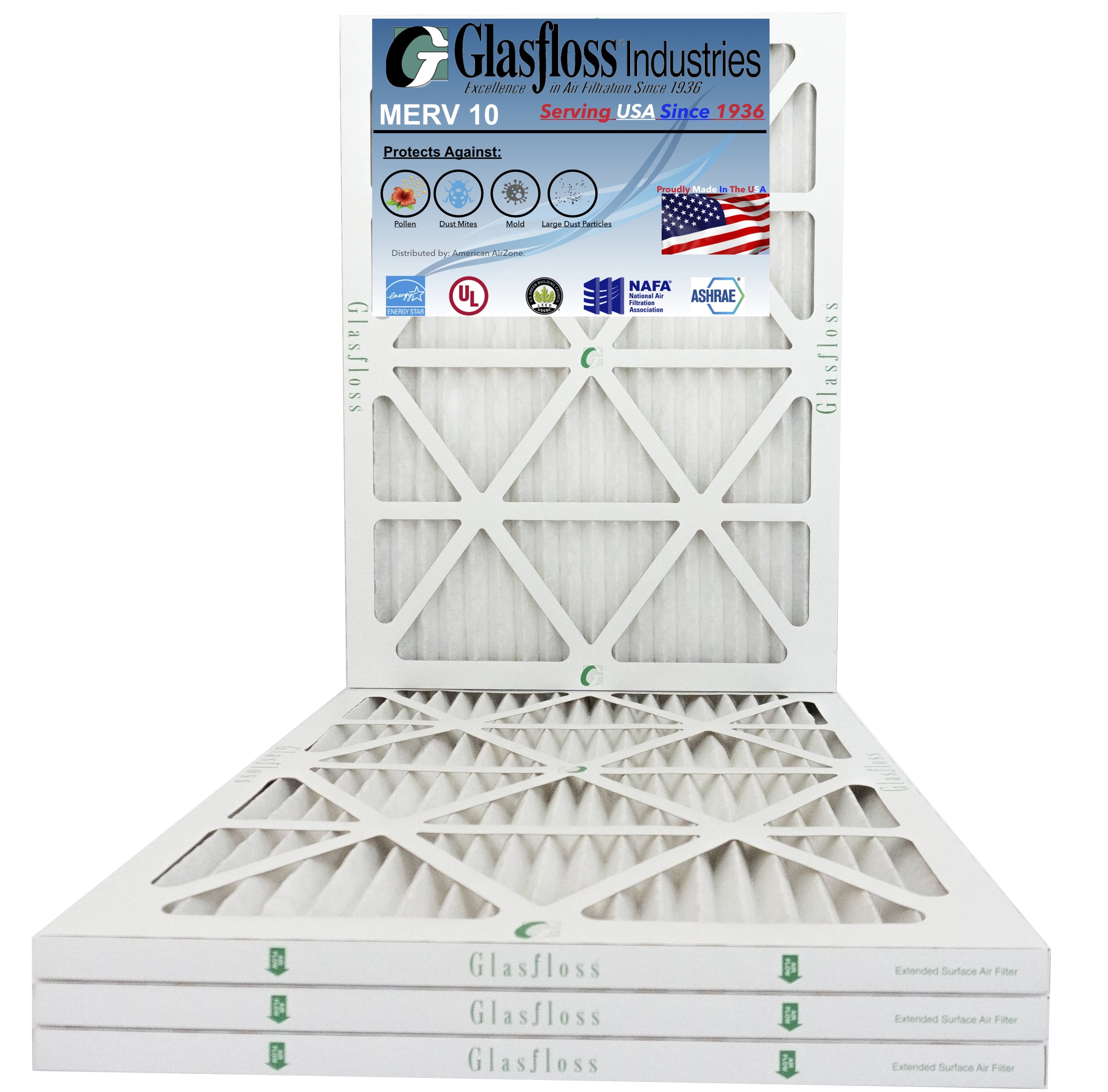 Glasfloss 14x22x1 - MERV 10 -Qty:4 - Furnace Air Filter - Made in USA (Actual Size: 13.5 x 21.5x7/8 inch)