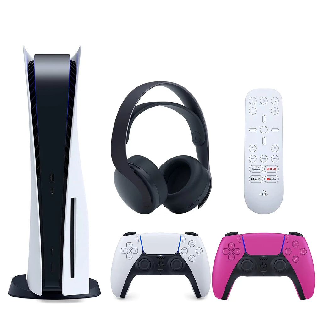 Sony Playstation 5 Disc Version (Sony PS5 Disc) with Extra Nova Pink Controller, Black PULSE 3D Headset and and Media Remote Bundle with Cleaning Cloth