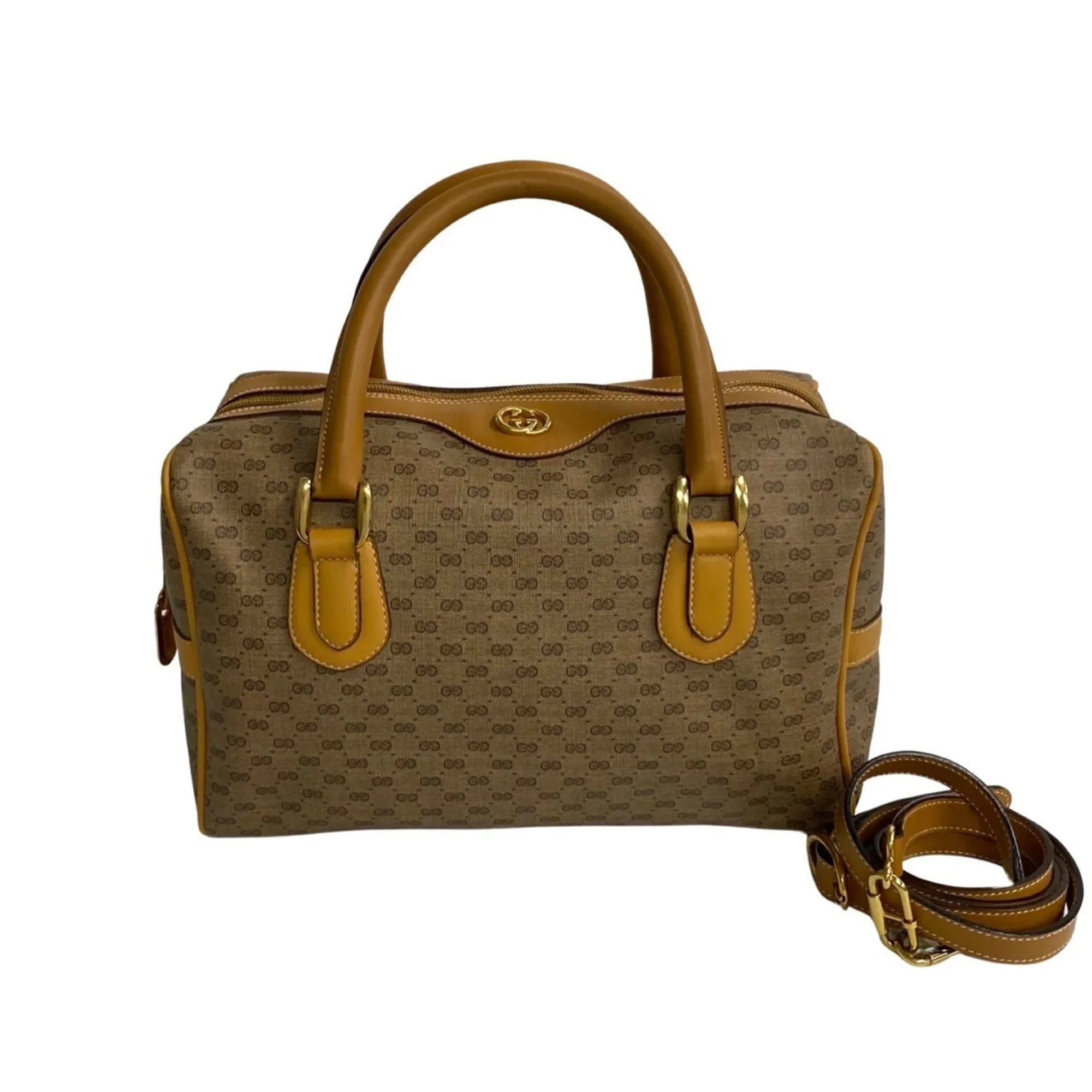Pre-Owned GUCCI Old Gucci Vintage Micro GG Leather 2way Handbag Mini Boston Bag Shoulder Camel 574-5 (Good)
