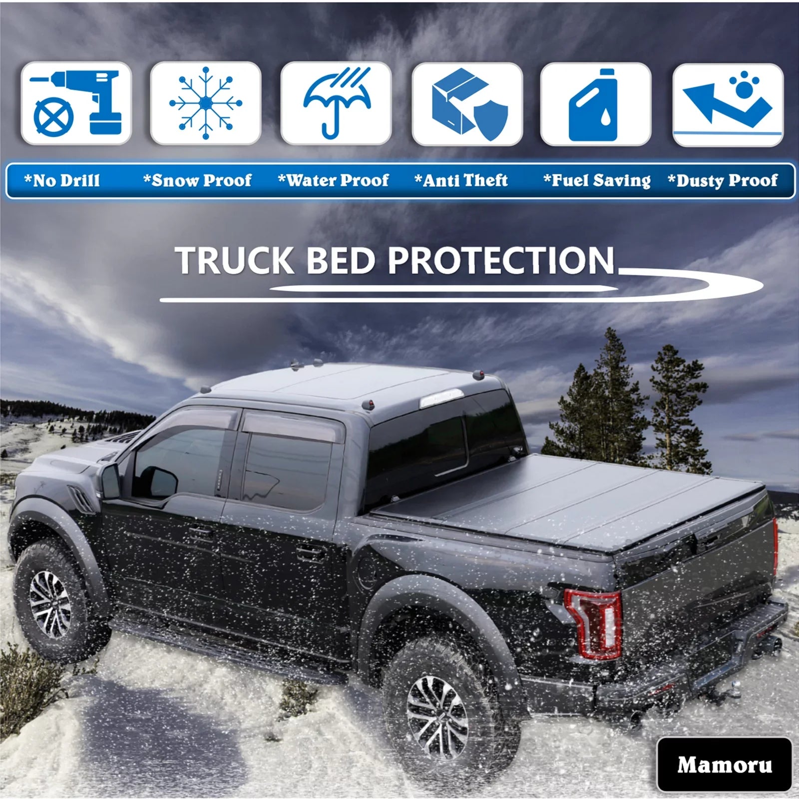 Mamoru Hard FRP Quad-Fold Solid Tonneau Wrap Fitting with 2016 2017 2018 2019 2020 2021 2022 2023 Tacoma 6' / 73.7" Truck Bed Shield | Fit for Deck Rail System