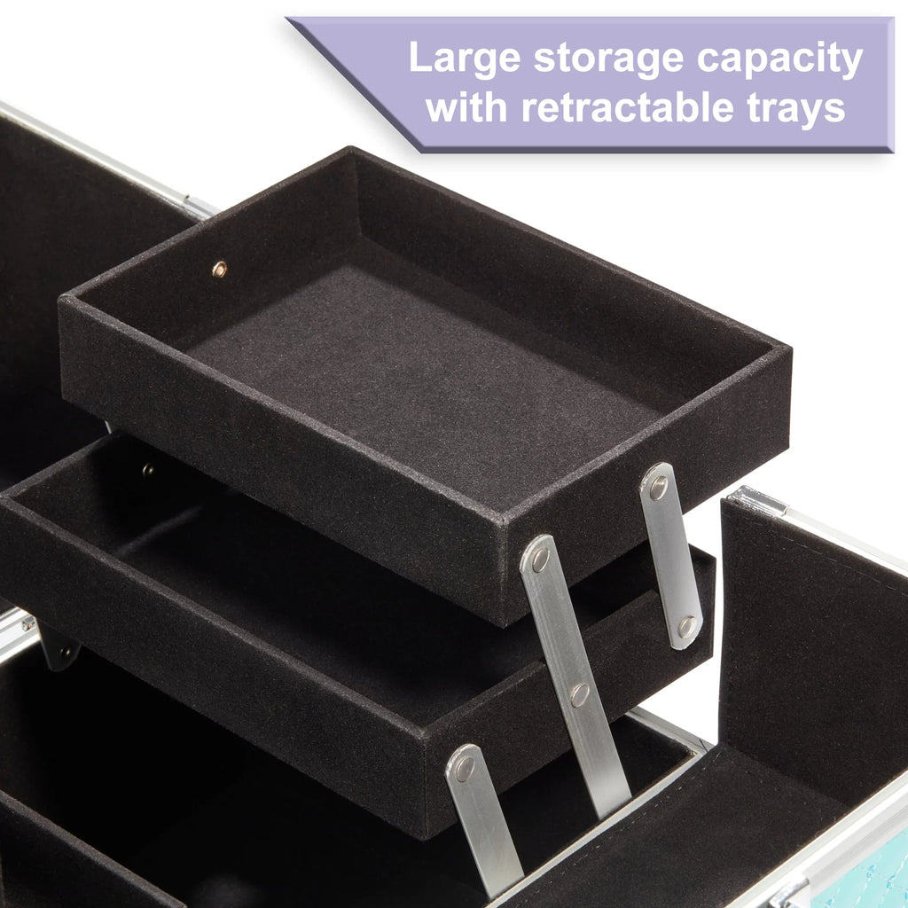 Makeup Train Case Cosmetics Organizer, Teal Color, 4 trays, 6.7" x 9.85" x 7.9"