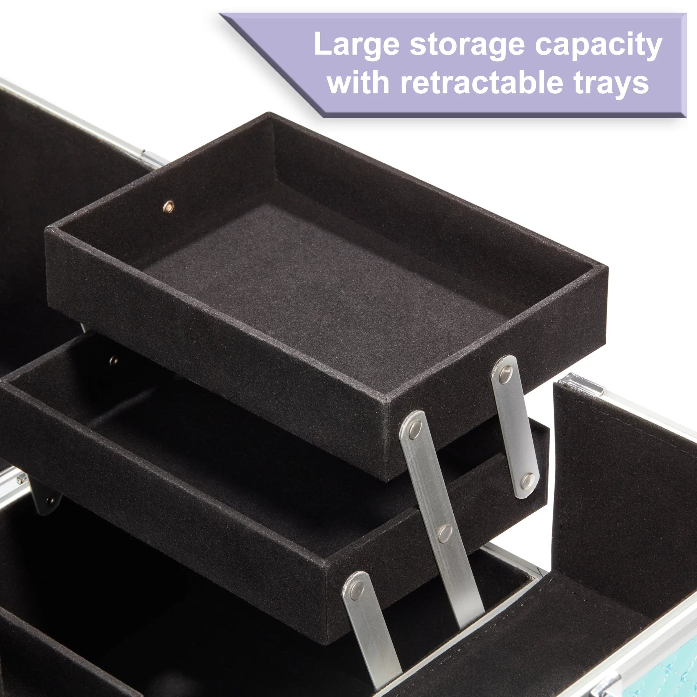 Makeup Train Case Cosmetics Organizer, Teal Color, 4 trays, 6.7" x 9.85" x 7.9"