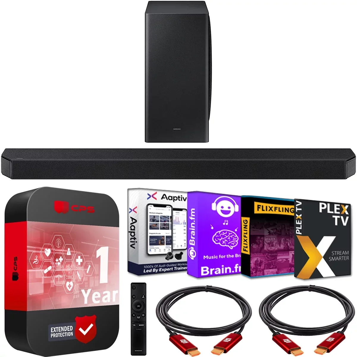 Samsung HW-Q900A 7.1.2ch Soundbar w/ Dolby Atmos / DTS:X (2021) HW-Q900A/ZA with Wireless Active Subwoofer Bundle with Extended Protection Plan + 2x Deco Gear HDMI Cables + Streaming Software Kit