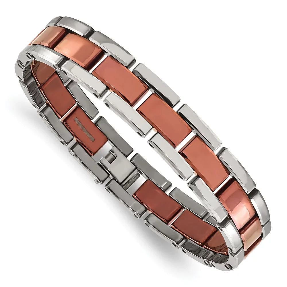 The Black Bow Men's Tungsten Polished & Brown Plated Panther Link Bracelet, 8.25 In