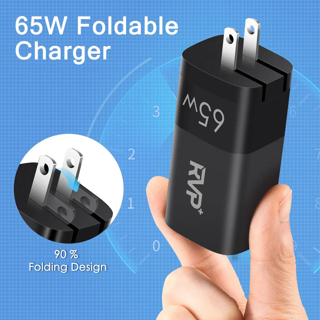 RVP+ 65W USB C and USB A Charger, (GaN) Tech Power Adapter, 3-Port Wall Charger, Foldable Fast Charger for iPhone, Smartphones, Tablets, Laptops - Black