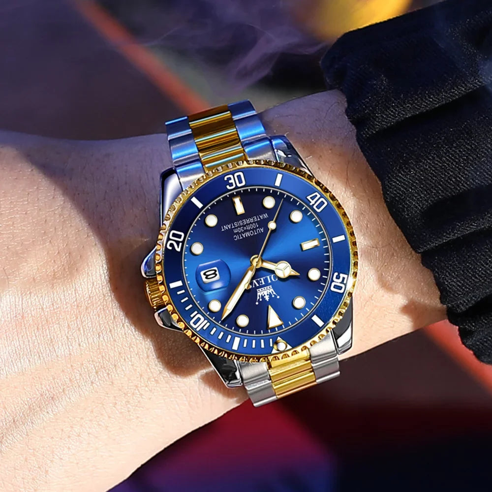 Olevs Automatic Wristwatch for Men Two-Tone Blue Gold Date Adult Male 6650A