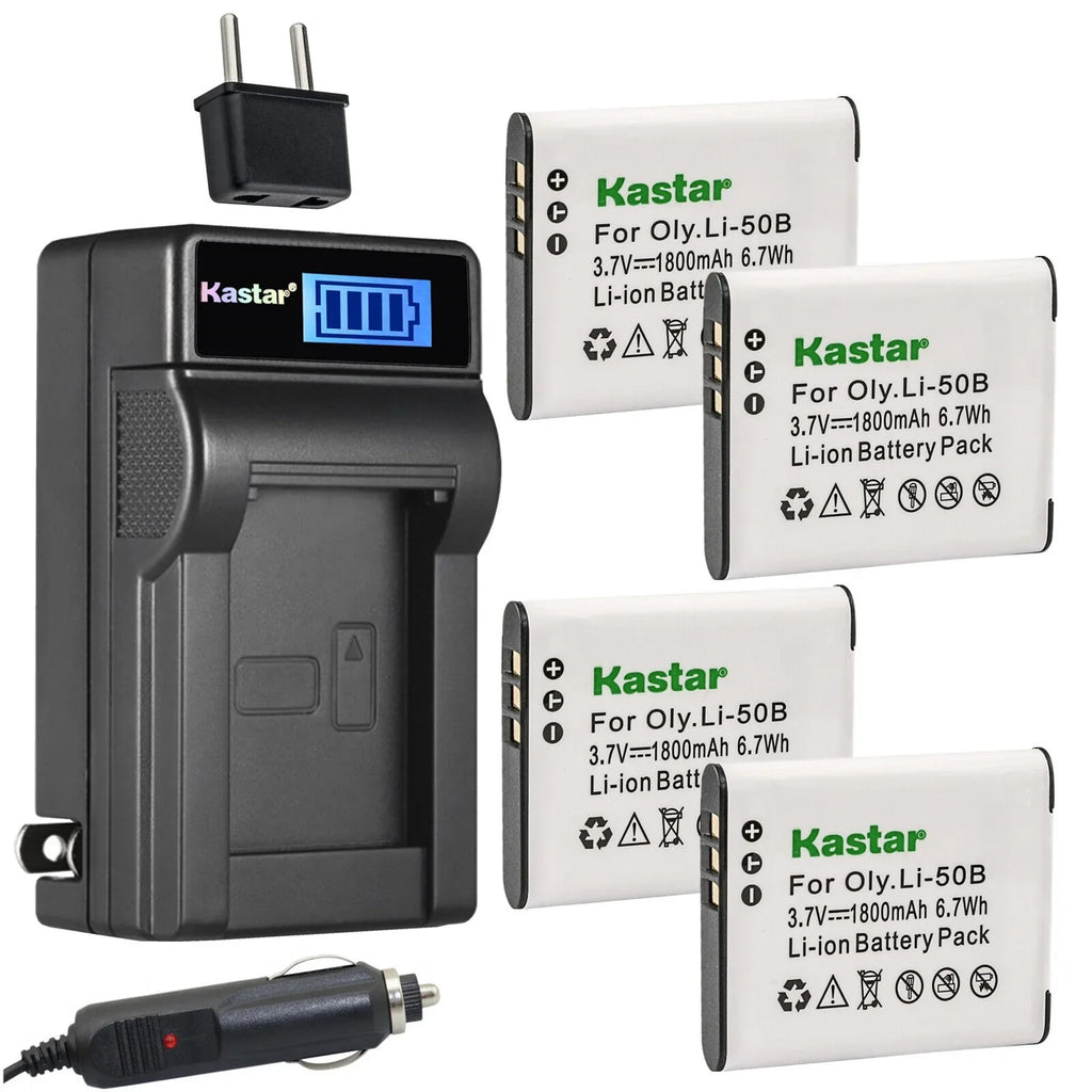 Kastar 4-Pack Li-50B Battery and LCD AC Charger Suitable with Olympus Stylus 9010, SZ-10, SZ-11, SZ-12, SZ-14, SZ-15, SZ-16, SZ-20, SZ-25MR, SZ-30MR, SZ-31MR iHS, Tough TG-610, Tough TG-615 Cameras