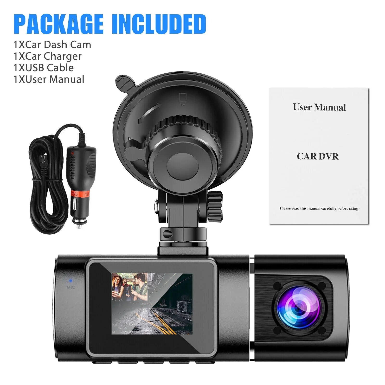 Dual Lens Car DVR Dash Cam Video Recorder G-Sensor 1080P HD Front+Inside Camera