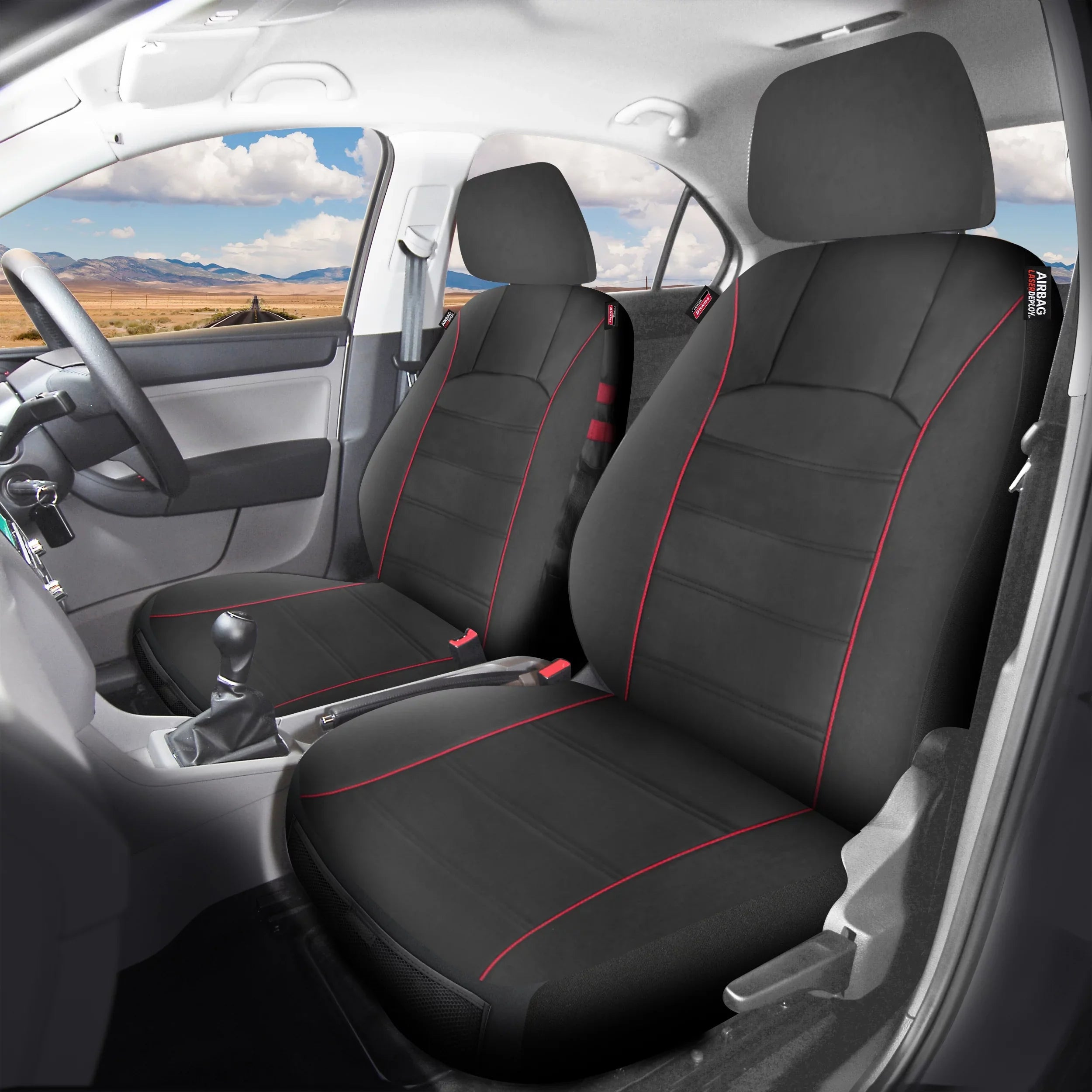 Genuine Dickies 2 Piece Universal Front Car Seat Wrap with Storage - Black and Red, 43156WDI