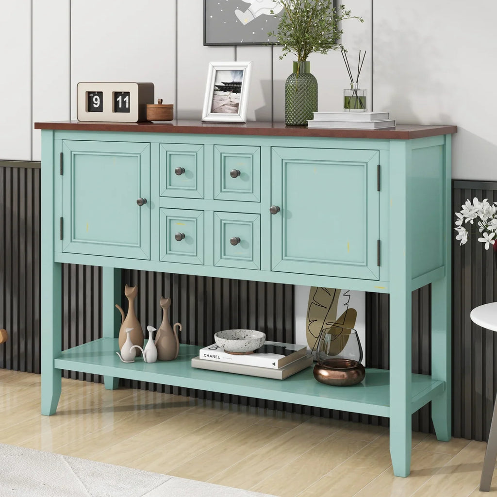 TREXM Cambridge Series Ample Storage Vintage Console Table with Four Small Drawers and Bottom Shelf for Living Rooms Entrances and Kitchens (Lime White OLD SKU WF190263AAK)