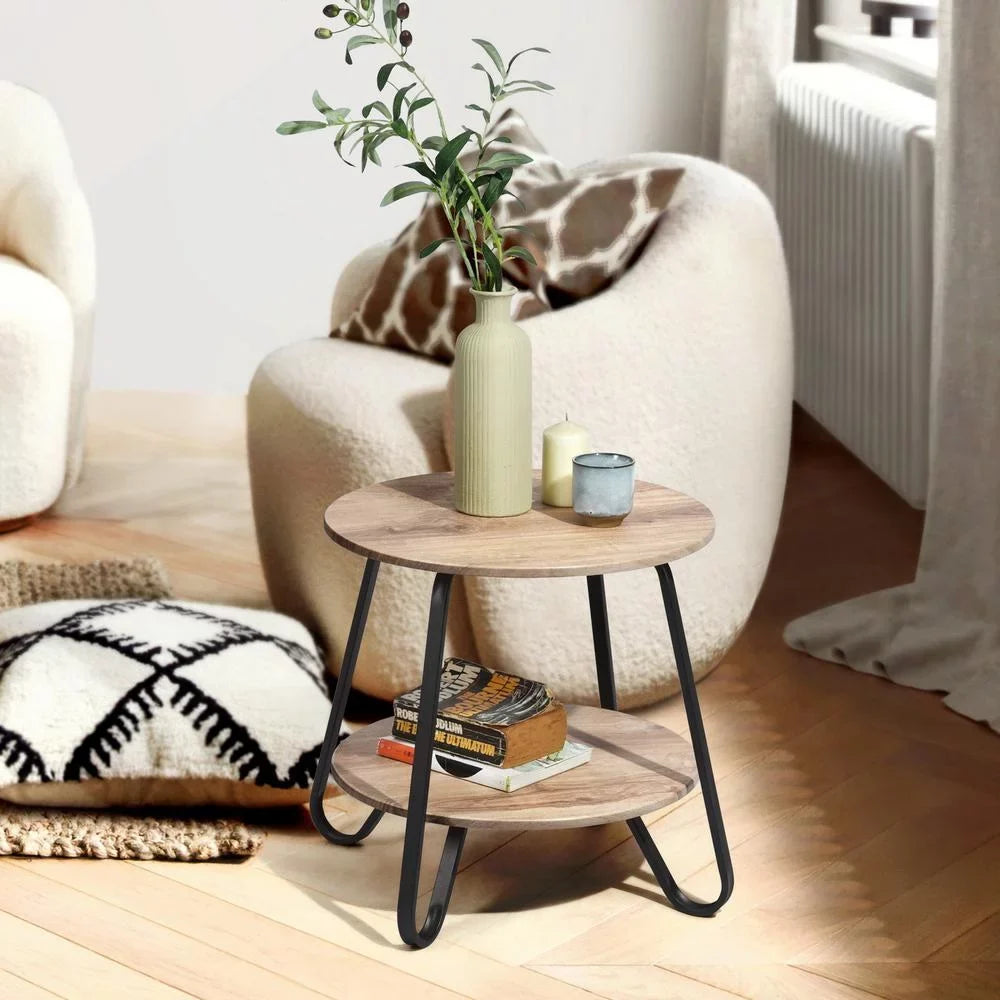 HomeRoots 483708 18 in. Manufactured Wood & Steel Round End Table, Black & Oak
