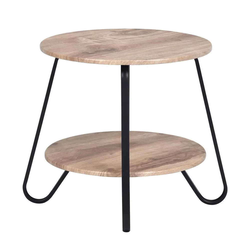 HomeRoots 483708 18 in. Manufactured Wood & Steel Round End Table, Black & Oak