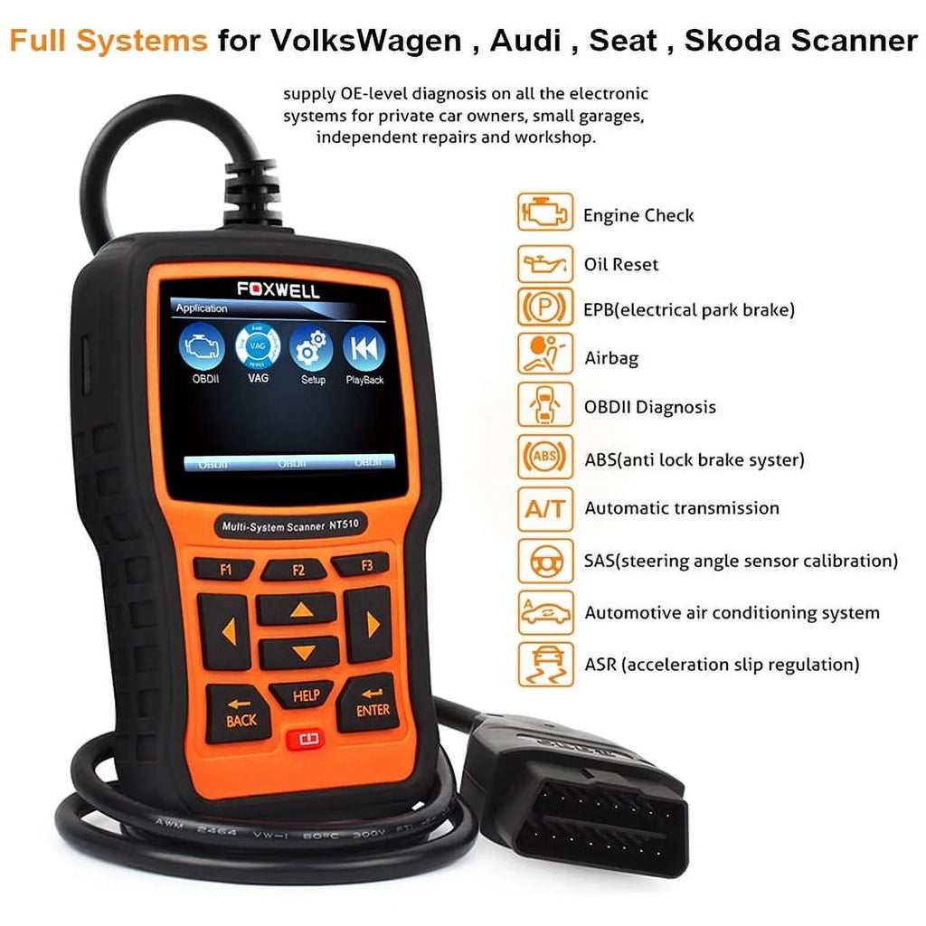 Foxwell NT510 Elite OBD2 Scanner for Audi Skoda Seat VW VAG Car Professional Bi-Directional Diagnostic Scan Tool with Oil Service Reset ABS Bleeding SAS Calibration Car Code Reader Automotive Scanner