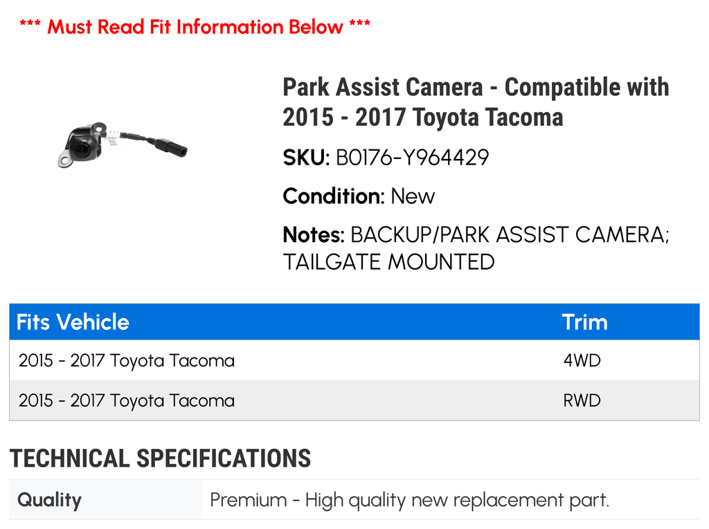 Park Assist Camera - Suitable with 2015 - 2017 Toyota Tacoma 2016