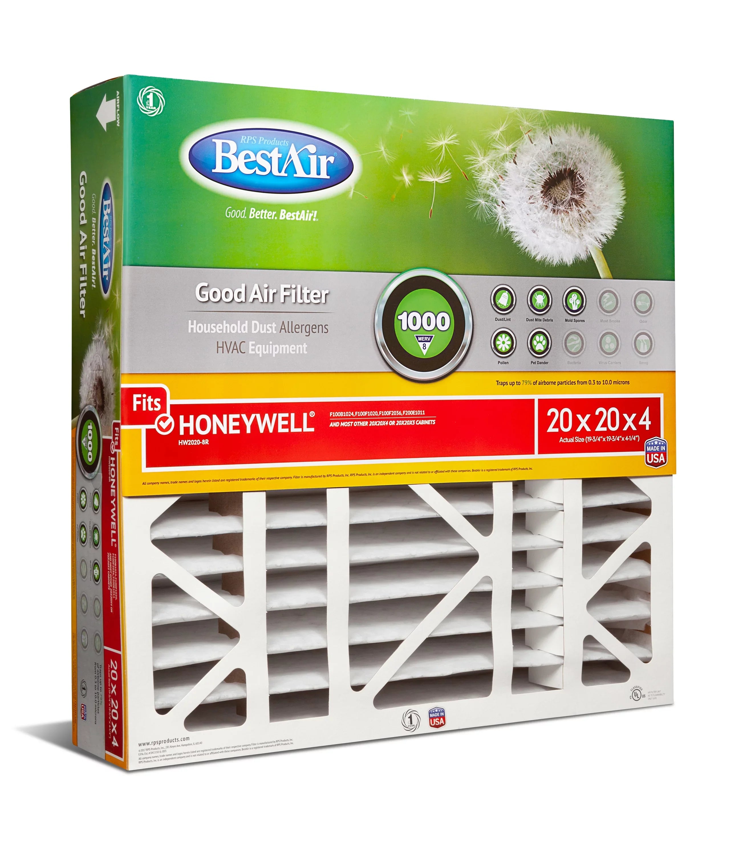BestAir HW2020-8R Honeywell 20x20x4 Series 1000 MERV 8 Furnace Filter