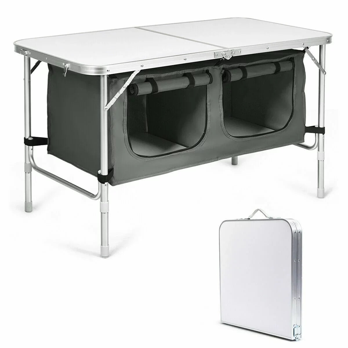Grey Folding Camping Table with Height Adjustable Aluminum Frame and Storage Organizer