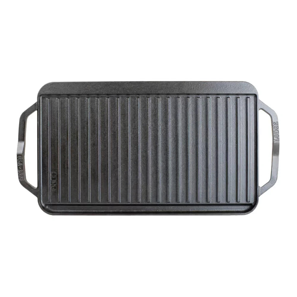 Lodge Chef Collection Cast Iron Reversible Grill/Griddle - Flat Cast Iron Griddle & Grill for Stovetop, Oven, Grill, or Open Fire - Double Burner Cast Iron Skillet with Handles