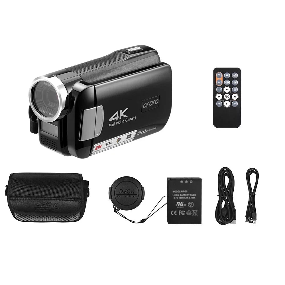 ORDRO AC2 4K Digital Camcorder with 48MP, 30X Digital Zoom, IR Night Vision, 3.0 Inch IPS Touchscreen, Battery, Remote Control, and Carry Bag Included