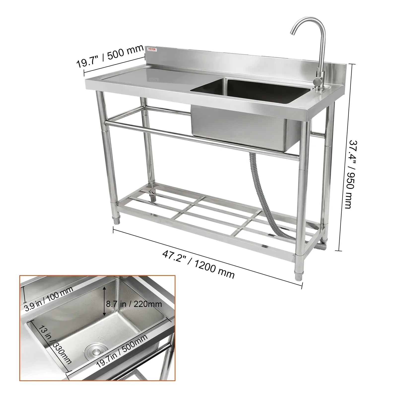 BENTISM Commercial Utility & Prep Sink Single Bowl w/Workbench 47.2x19.7x37.4 in