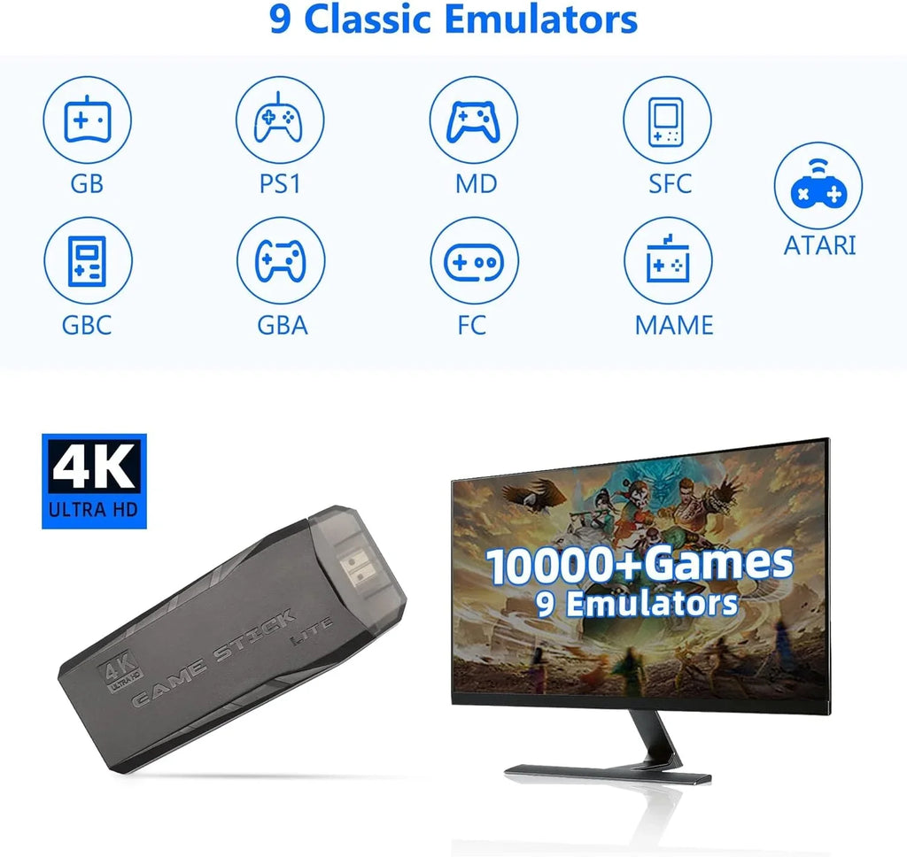 Retro Game Stick,Wireless Retro Game Console Built in 10000+ Games, 9 Emulators, Plug and Play Video Game Stick 4K HD Output with 2.4GHz Wireless Controllers (64G)