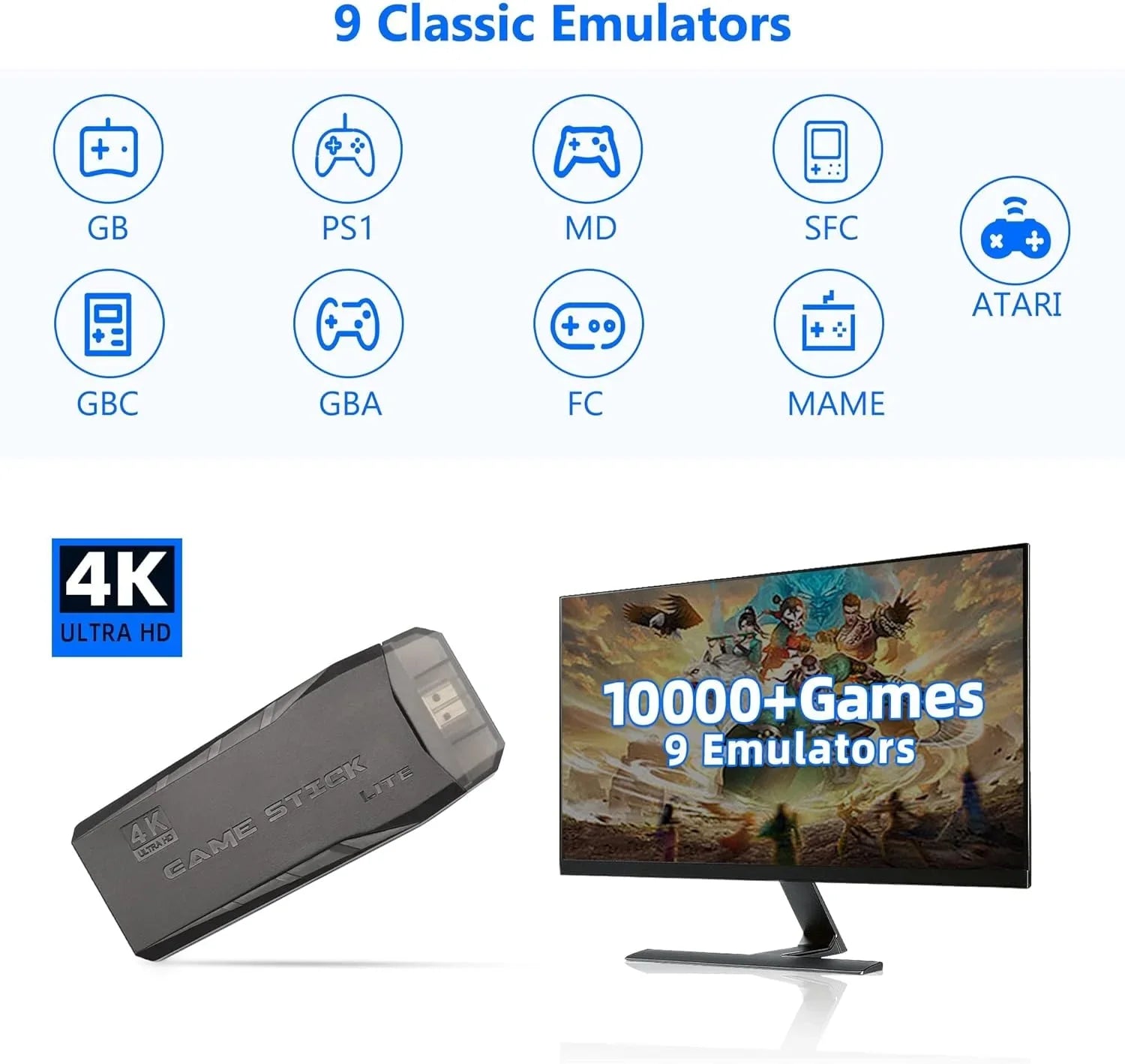 Retro Game Stick,Wireless Retro Game Console Built in 10000+ Games, 9 Emulators, Plug and Play Video Game Stick 4K HD Output with 2.4GHz Wireless Controllers (64G)