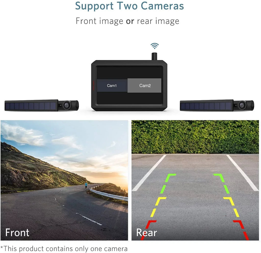 SunGo2 Solar 5 Inch HD Monitor Wireless Backup Camera Kit for Car, Supports 2 Cameras, True Wireless DIY Installation Back Up Camera Systems for Truck, Pickup, Trailer