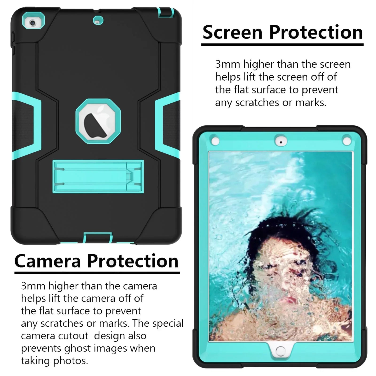 Allytech Case for New iPad 9.7 2018 2017,iPad 6th/5th Generation Case,Three Layer Shockproof Armor Defender Protective Case Coating for Apple iPad 9.7 2017/2018 A1893 A1954 A1822 A1823 (Black/Aqua)