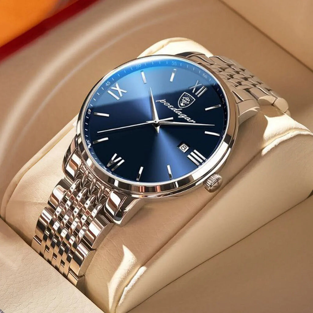 POEDAGAR New Men Ultra-Thin Watches Fashion Week Calender Business Cool Waterproof Luxury Stainless Steel Quartz Wristwatch