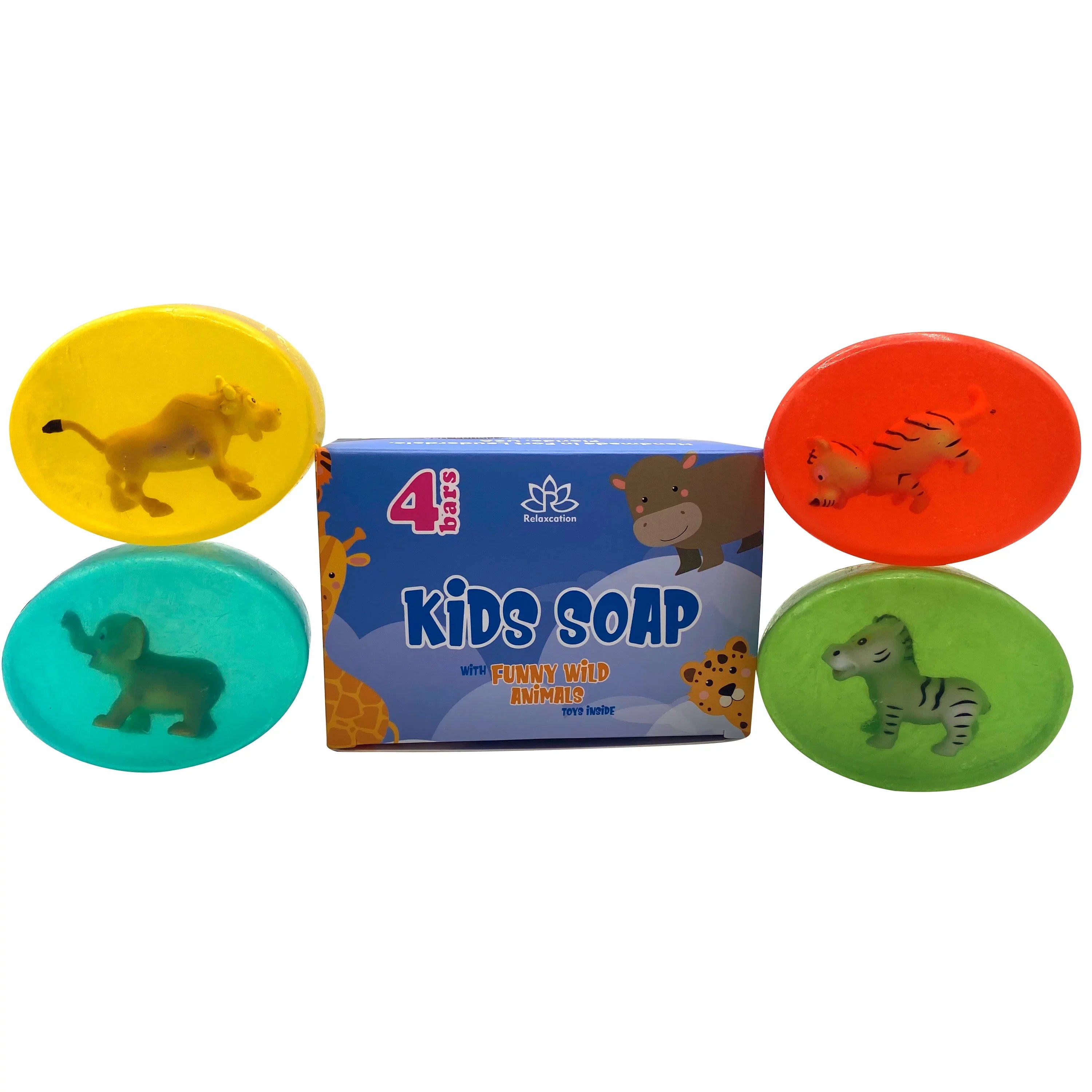 Kids Soap with Toys Inside Funny Animals Surprise Glycerin Soap Bar Collect All 12 Wild Animals Toys Moisturizing Handmade in USA Natural and Safe by Relaxcation 4 Set