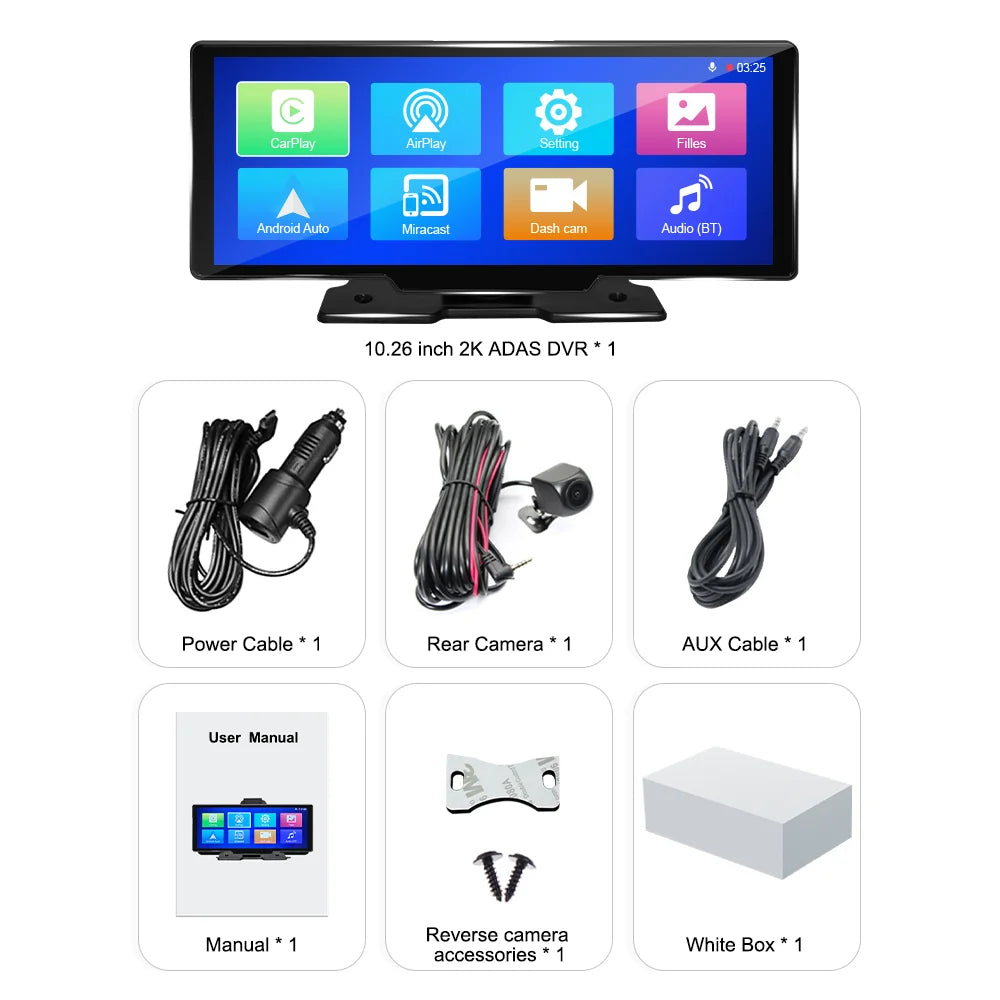 Adas Dash Cam 4K DVR 10.26" IPS with touch Screen 2 cameras for Front and Back recording Apple CarPlay , Android Auto Portable Navigation