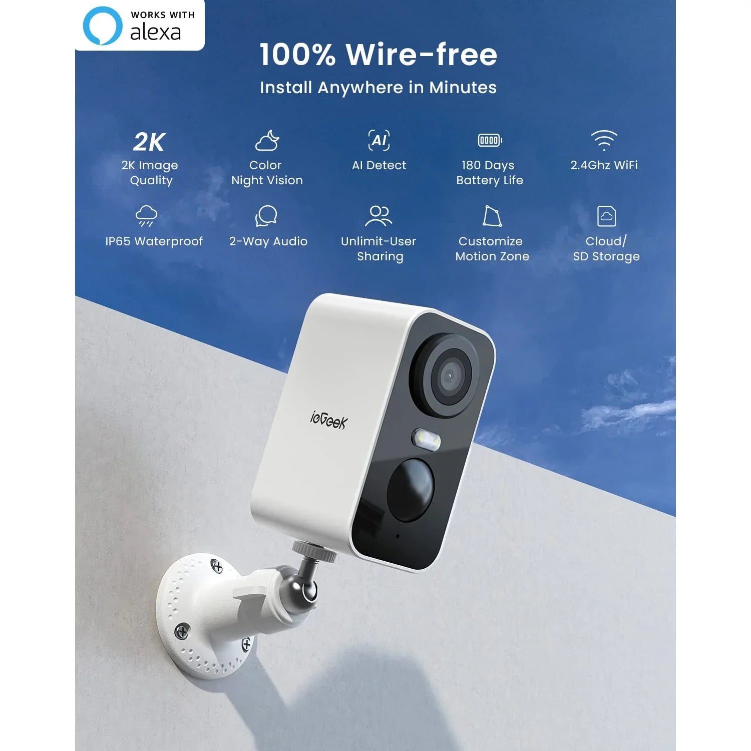ieGeek, Wireless Security Camera, Outdoor, WiFi, Battery Powered, 2K Color Night Vision, Spotlight & Siren Wireless Camera, 2 Pack