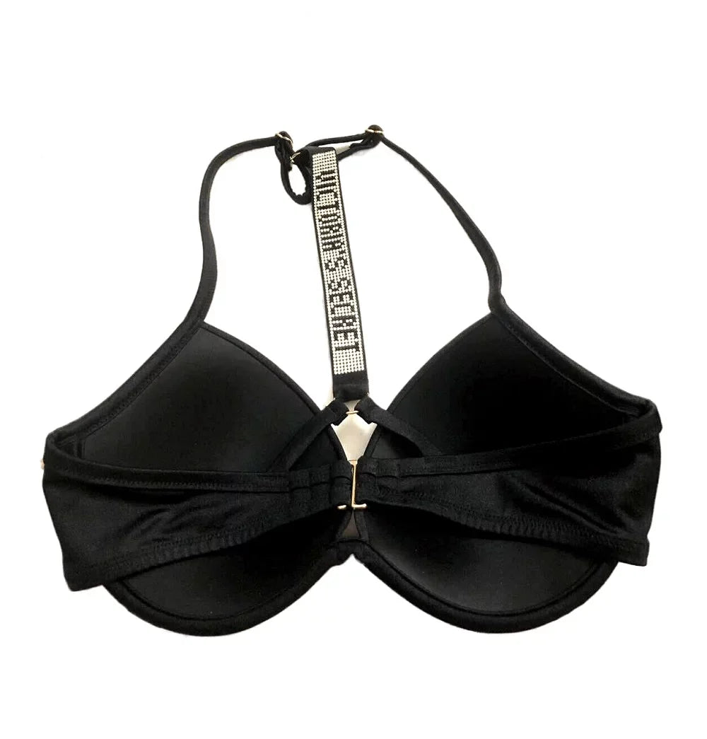 Victoria's Secret Shine Strap Fabulous Push Up Bikini Swim Top Black Size 34DDD NWT