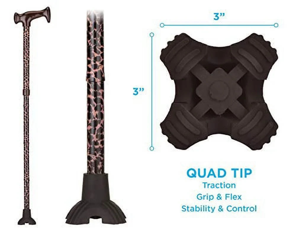 NOVA Folding Cane, Walking Cane with Quad Tip, Foldable & Adjustable Travel Cane, Leopard