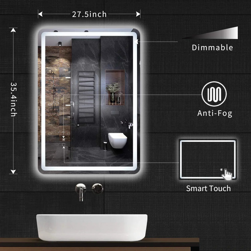 CoSoTower Simple Deluxe 36 x 28 Inch Large Wall Anti-Fog Dimmable LED Bathroom Vanity Makeup Mirror with White/Warm Light（Horizontal/Vertical）, Transparent