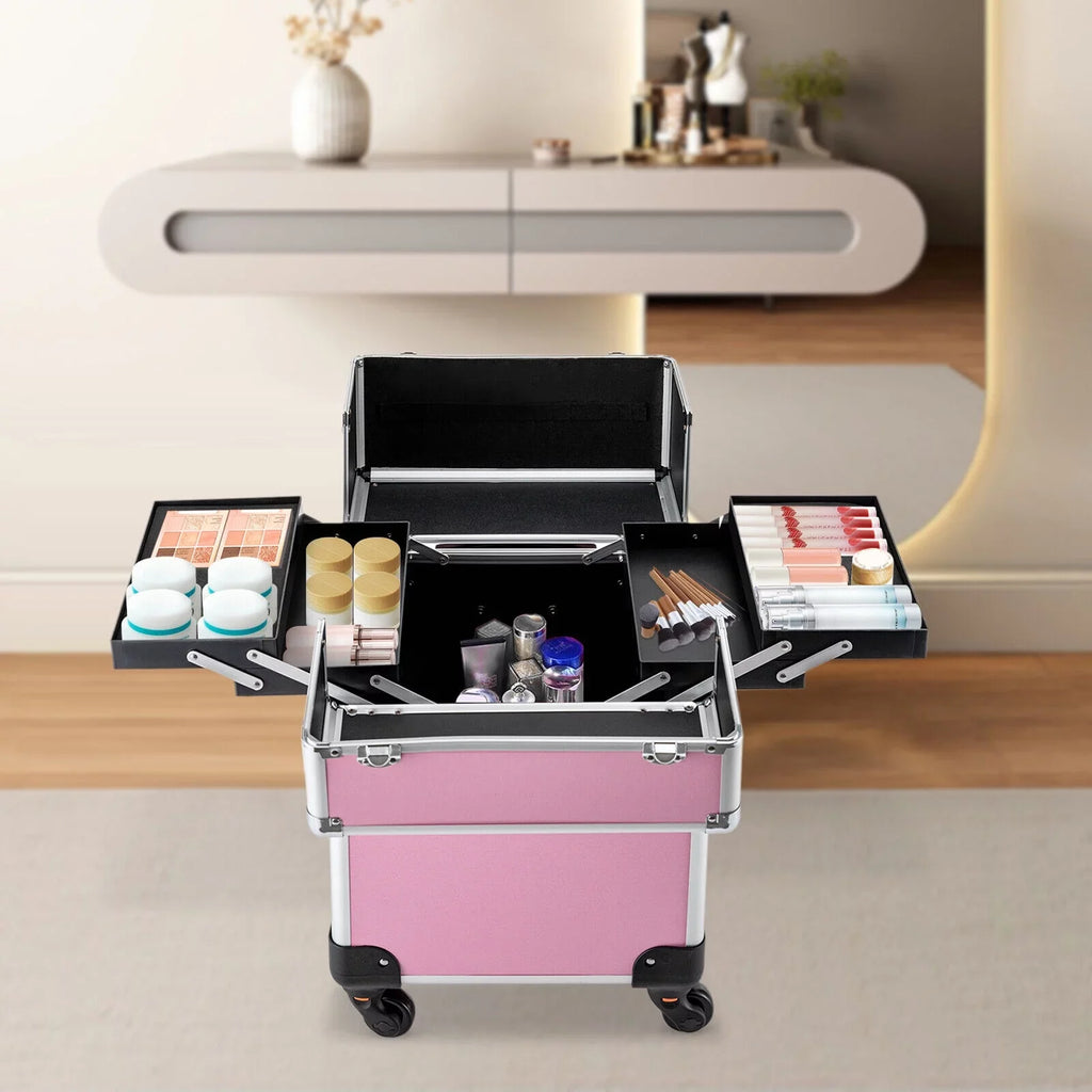 ZhdnBhnos Professional Rolling Extendable Makeup Train Case Cosmetic Trolley Storage Box Organizer (Pink)