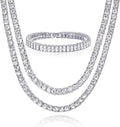 Hip Hop Luxury Silver Plated Double Tennis Chain 16" + 18" and 2 Row 8" Bracelet 3 pc Set