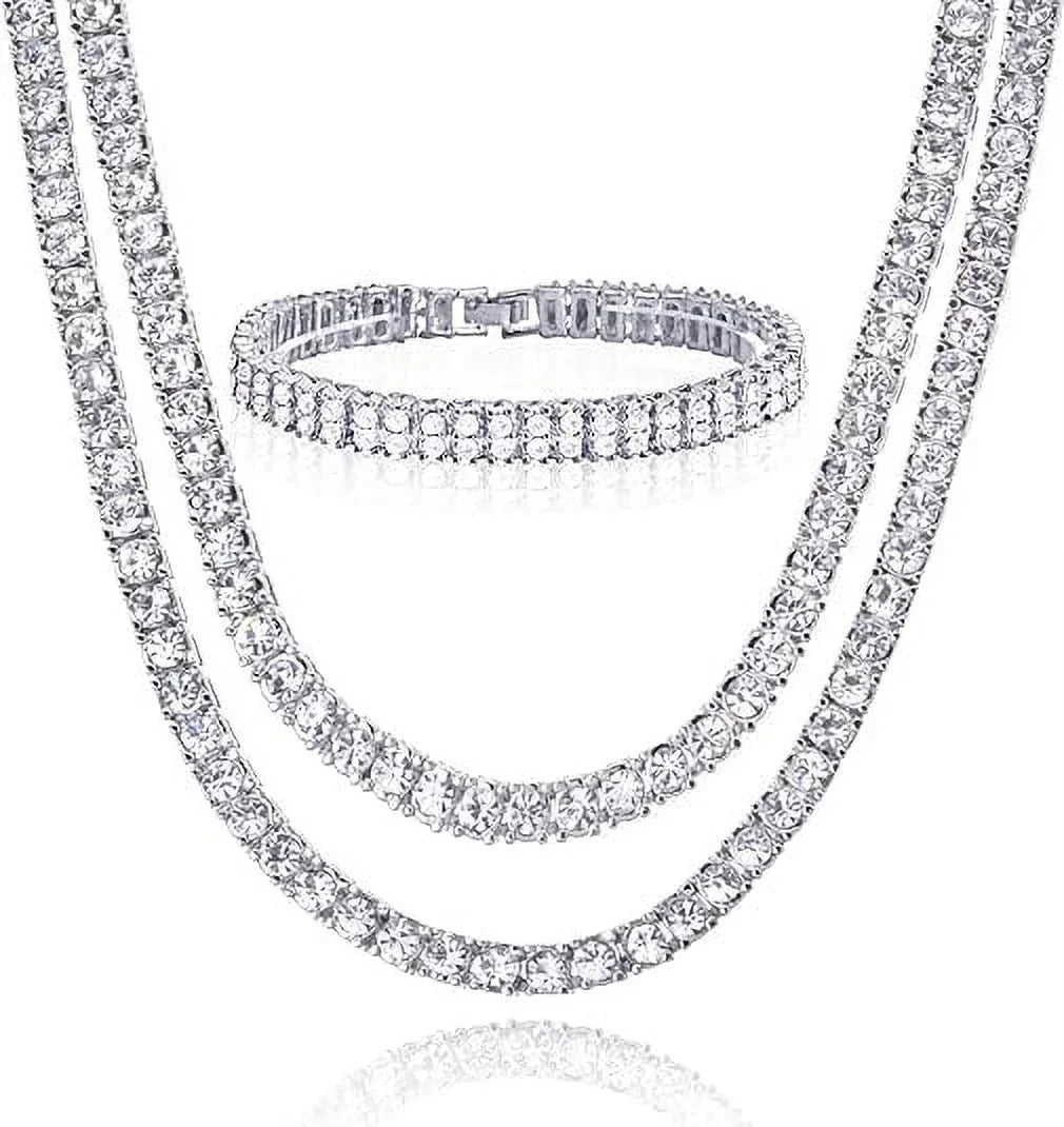 Hip Hop Luxury Silver Plated Double Tennis Chain 16" + 18" and 2 Row 8" Bracelet 3 pc Set