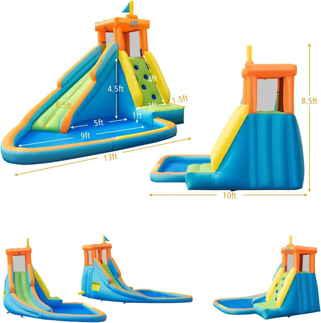 Inflatable Water Slide, Hippo Themed Water Slides for Kids Backyard w/Long Slide, 740w Blower, Splashing Pool, Water Cannon, Indoor Outdoor Blow up Giant Water Park for Big Kids and Adults