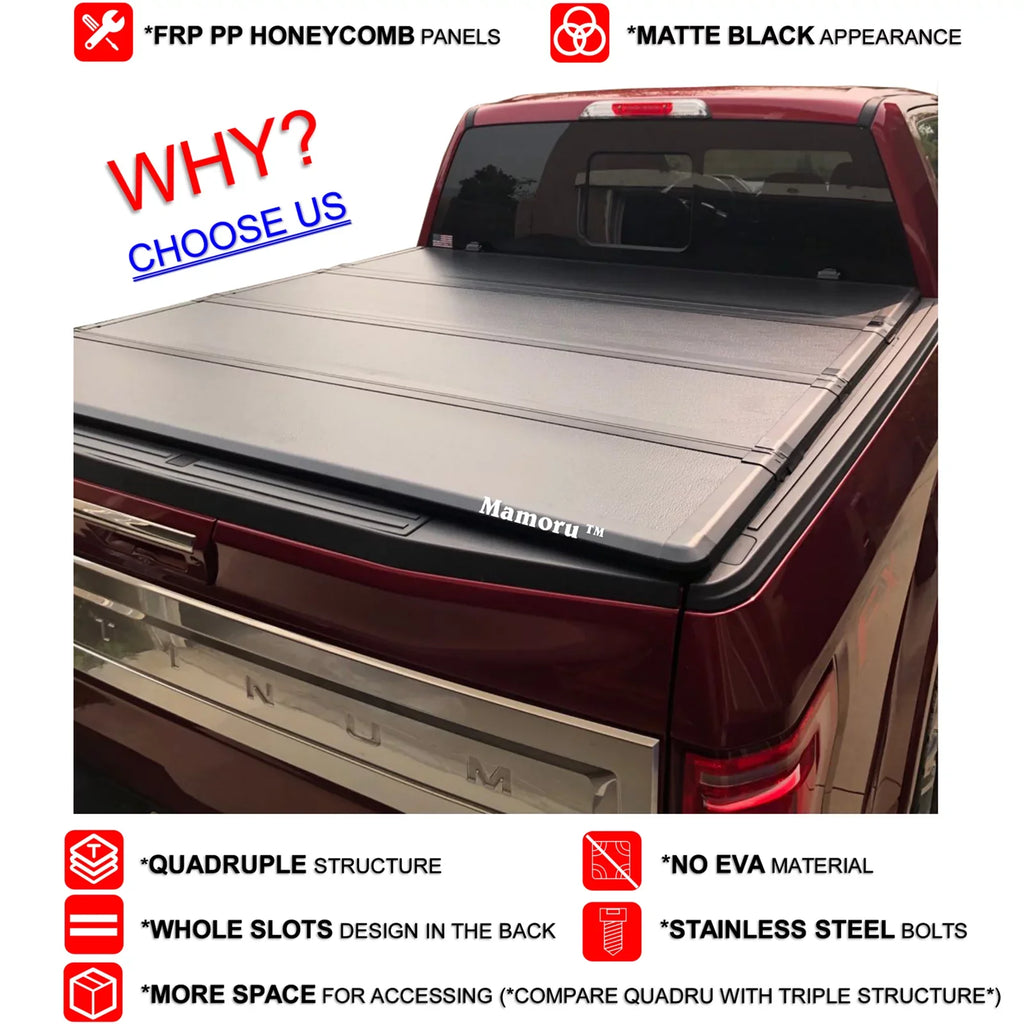 Mamoru Hard FRP Quad-Fold Solid Tonneau Wrap Fitting with 2016 2017 2018 2019 2020 2021 2022 2023 Tacoma 6' / 73.7" Truck Bed Shield | Fit for Deck Rail System