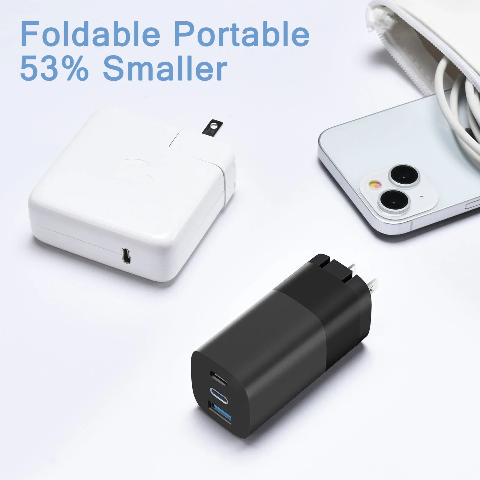 RVP+ 65W USB C and USB A Charger, (GaN) Tech Power Adapter, 3-Port Wall Charger, Foldable Fast Charger for iPhone, Smartphones, Tablets, Laptops - Black