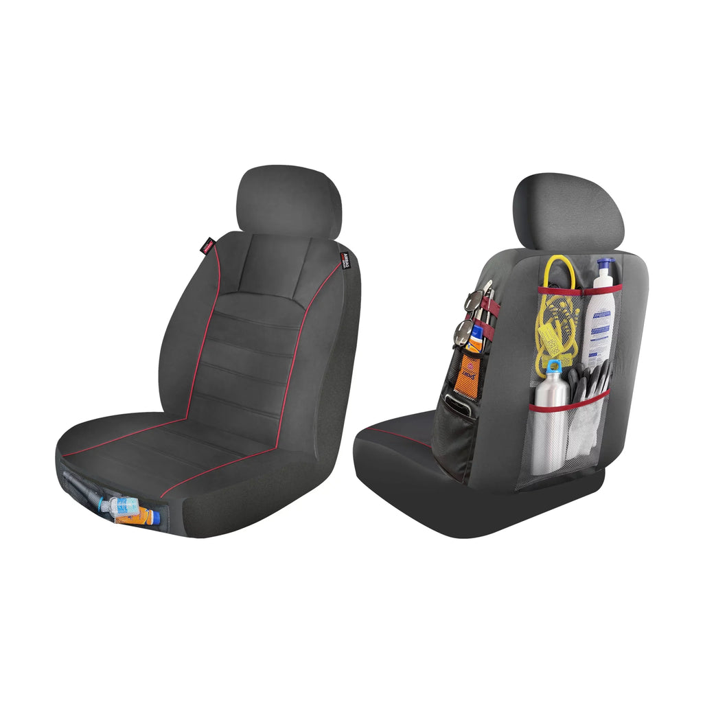 Genuine Dickies 2 Piece Universal Front Car Seat Wrap with Storage - Black and Red, 43156WDI