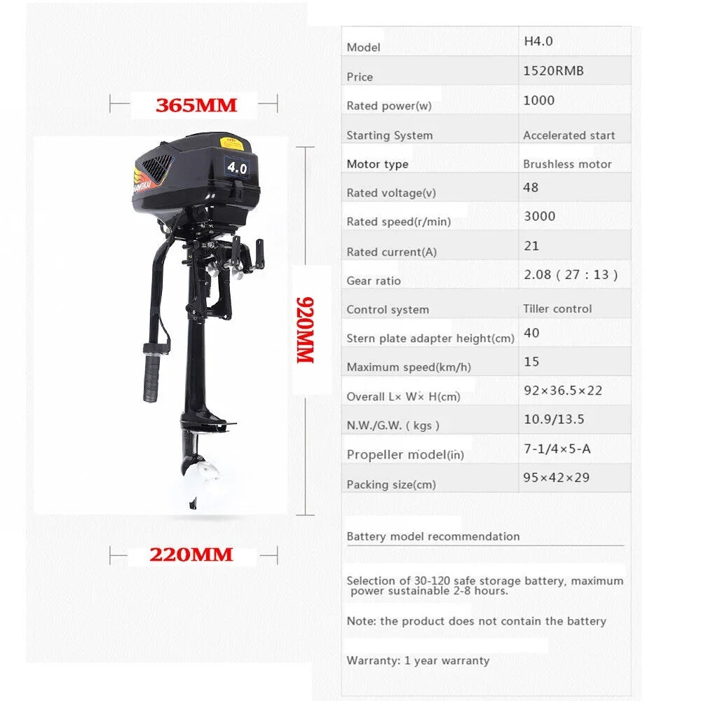 Miumaeov 1000W 4 HP Electric Outboard Motor Craft Engine Trolley Brushless Motor