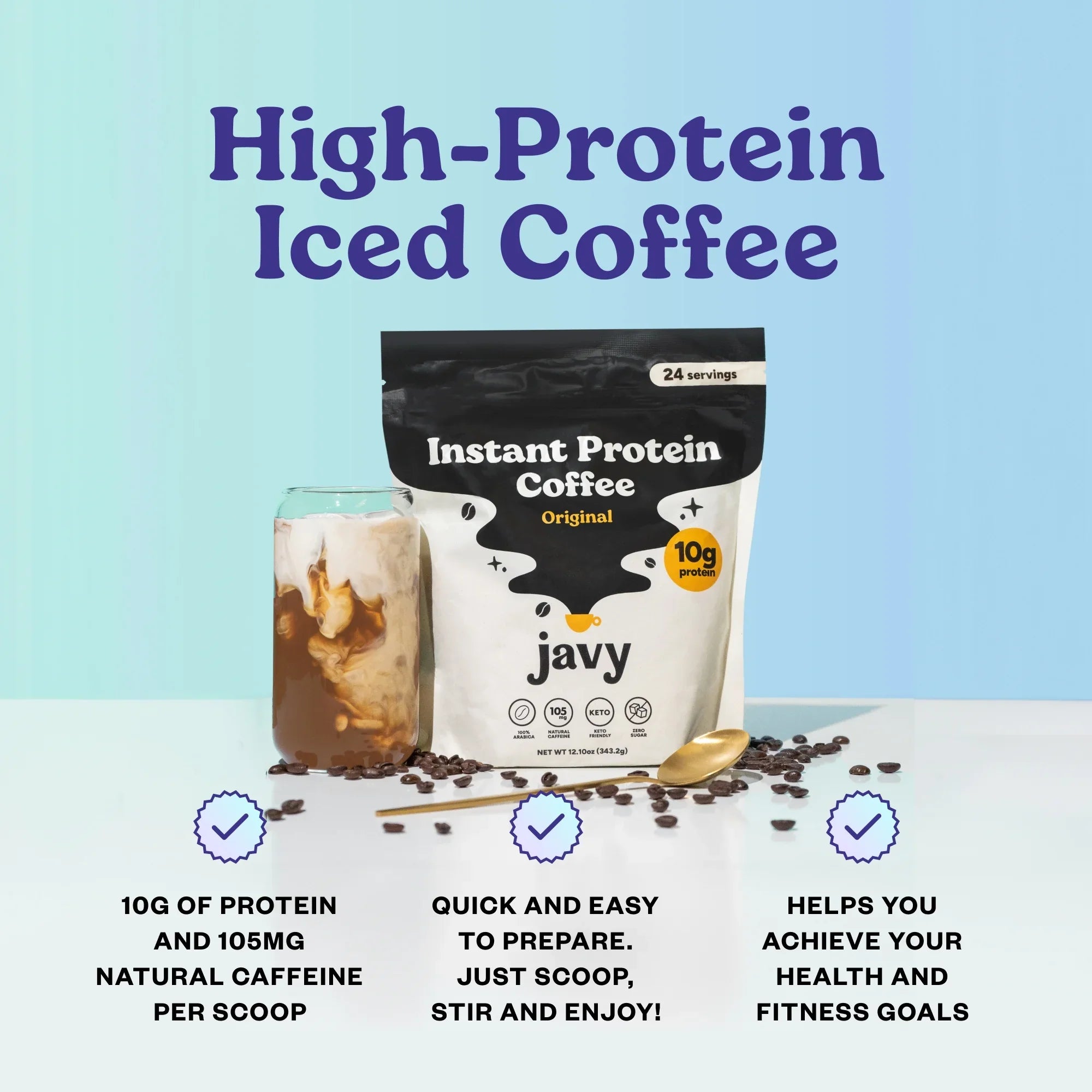 Javy Premium Instant Coffee - Protein Coffee - Protein Shake, Iced Coffee, Protein Drinks, Delicious Keto Friendly and Gluten Free, 24 Servings