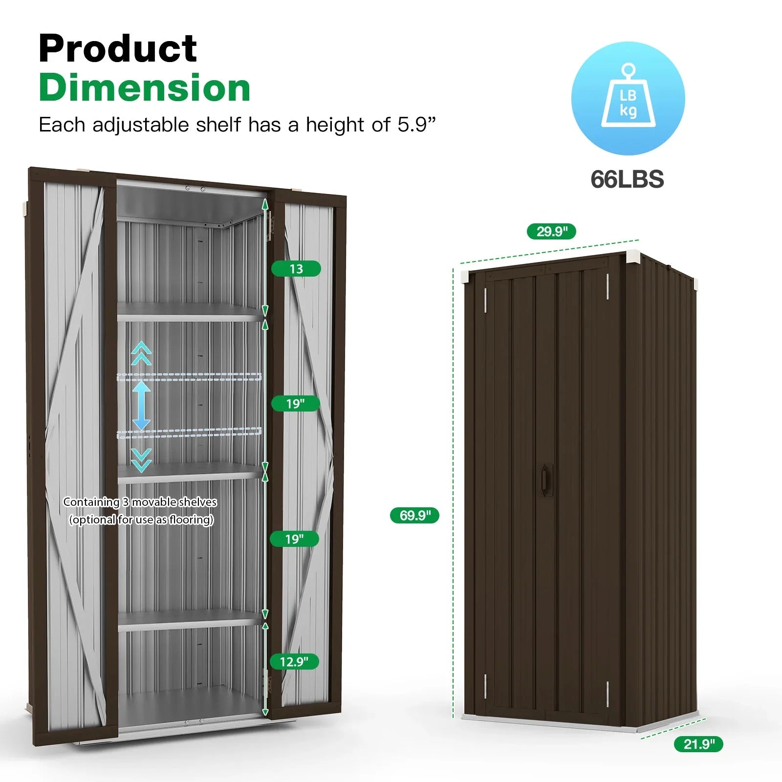 YODOLLA 70" Metal Storage Cabinet with Doors and Shelves Outdoor/ Indoor Storage Shed Organizer for Garage& Garden in Brown