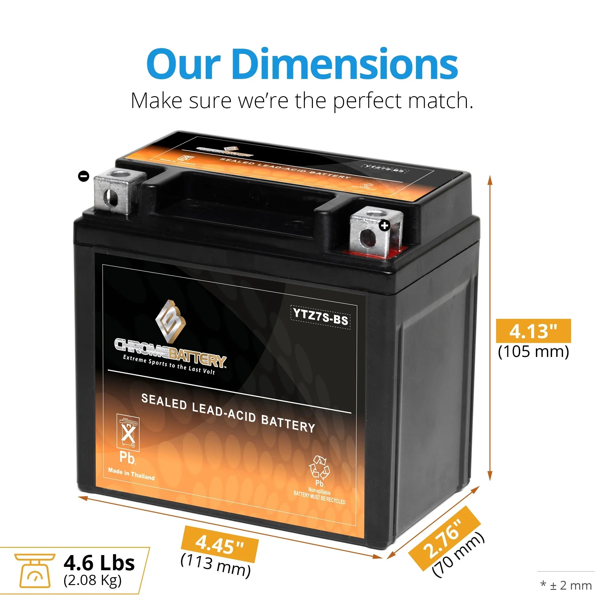 Chrome Battery YTZ7S-BS (YTZ7S 12 Volt,6 Ah, 90 CCA) Motorcycle Battery for Gas Gas Fsr450 450cc Year (all Years Until 08)